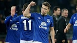Seamus Coleman leads the celebrations after full time at the Stade de Suisse