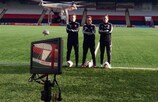 Jo Love, Lee Alexander and Hayley Lauder are filmed by a drone camera at a UEFA.com shoot