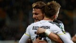 Dortmund's Ciro Immobile is congratulated on one of his two goals against Dynamo Dresden