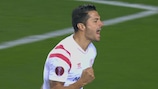 El jugador del Sevilla Vitolo celebra el gol más rápido de la UEFA Europa League
