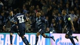 Yacine Brahimi second right) celebrates after scoring the opening goal