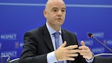 UEFA General Secretary Gianni Infantino speaks after the UEFA Executive Committee meeting in Vienna