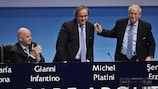 Michel Platini (centre) is congratulated upon his re-election as UEFA President