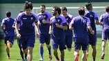 I giocatori dell'ACF Fiorentina impegnati nell'allenamento alla vigilia del ritorno dei quarti di UEFA Europa League contro la FC Dynamo Kyiv