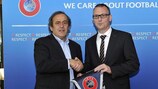 Michel Platini (left) and Liechtenstein Football Association (LFV) president Hugo Quaderer