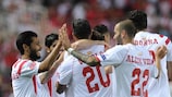 Los jugadores del Sevilla celebran uno de los goles ante la Fiorentina