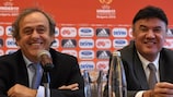 Michel Platini and Bulgarian Football Union (BFS) president Borislav Mihaylov
