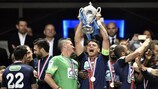 Thiago Silva lifts the French Cup after Paris's slender victory against Auxerre