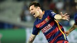 Lionel Messi tras marcar su gol número 80 en competiciones de clubes de la UEFA