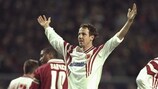 Christophe Bonvin celebrates after scoring against Liverpool in the 1996/97 UEFA Cup Winners' Cup