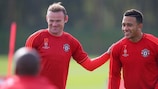 Wayne Rooney and Memphis Depay take part in training on Tuesday