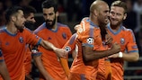 Valencia players celebrate Sofiane Feghouli's winner in Lyon on matchday two