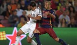 Javier Hernández comes under pressure from Javier Mascherano during the September encounter in Barcelona