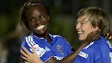 Eniola Aluko (left) celebrates Chelsea's second goal on Sunday with Fran Kirby