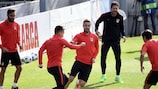 Atlético coach Diego Simeone oversees training