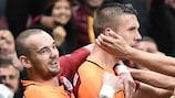 Los jugadores del Galatasaray celebran el gol del triunfo de Lukas Podolski