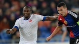 Belenenses's Luís Leal chases for a ball with Basel defender Marek Suchý on matchday three
