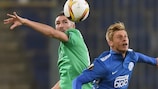 St-Étienne midfielder Fabien Lemoine (left) and Dnipro's Valeriy Fedorchuk in aerial competition