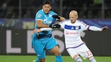 Lyon's Christophe Jallet tries to hold off Hulk in St Petersburg