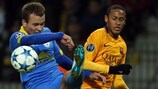 Vital Hayduchyk and Neymar in action during Barcelona's victory in Borisov