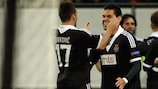 Partizan celebrate a goal at Augsburg on matchday two
