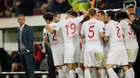 Augsburg celebrate a goal in their 4-1 defeat of AZ last time out