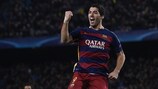 Luis Suárez jumps for joy after scoring Barcelona's third