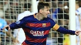 Lionel Messi celebrates scoring against Roma in Barcelona's 6-1 win in 2015