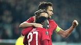 Midtjylland celebrate Pione Sisto's equaliser in the first leg