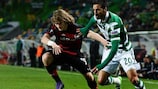 Sporting's Bryan Ruiz takes on Leverkusen defender Tin Jedvaj during the first leg