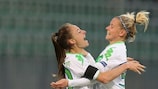 Tessa Wullaert (left) celebrates Wolfsburg's opening goal against Brescia