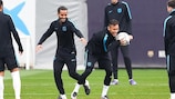 Douglas and Neymar in training with Barcelona ahead of the Arsenal decider