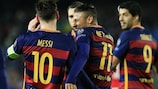 O tridente atacante do Barcelona comemora o terceiro golo