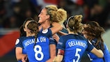 Kheira Hamraoui (centre) celebrates France's opener against Ukraine