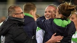 Alexandra Popp celebrates after the 4-0 semi-final first-leg defeat of FFC Frankfurt