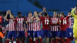 I giocatori dell'Atlético esultano dopo la vittoria all'andata