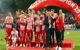 Skënderbeu celebrate winning their sixth successive Albanian title