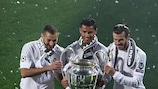 Karim Benzema, Cristiano Ronaldo et Gareth Bale après le sacre du Real Madrid