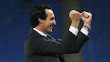 Unai Emery after completing his hat-trick of UEFA Europa League final wins in 2016