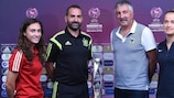 (L-R) Spain captain Nahikari García and Pedro López pose with France's Gilles Eyquem and Thea Greboval