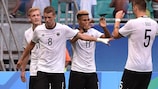 Serge Gnabry (centre) celebrates scoring for Germany against South Korea