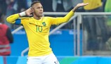 Neymar celebrates his free-kick goal for Brazil against Colombia