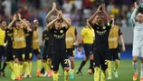 Manchester City applaud their supporters after an impressive 5-0 win against Steaua