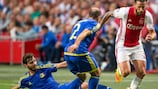 Ajax's Mitchell Dijks (right) takes the attack to Rostov in the first leg