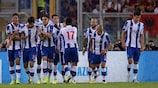 Porto celebrate their opening goal at Roma