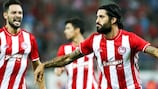 Alejandro Domínguez celebrates a play-off goal for Olympiacos