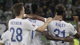 Genk celebrate a Leon Bailey goal at Rapid Wien on matchday one