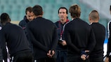 Paris coach Unai Emery gets his point across during training on Tuesday