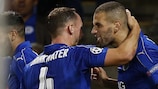 Islam Slimani (right) celebrates his winner for Leicester