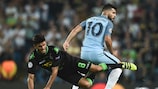 Mahmoud Dahoud struggles to contain Sergio Agüero during City's 4-0 win on matchday one